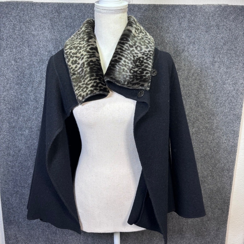 Peck & Peck Collection Black 100% Wool Leopard Faux Fur Collar Jacket Mens M